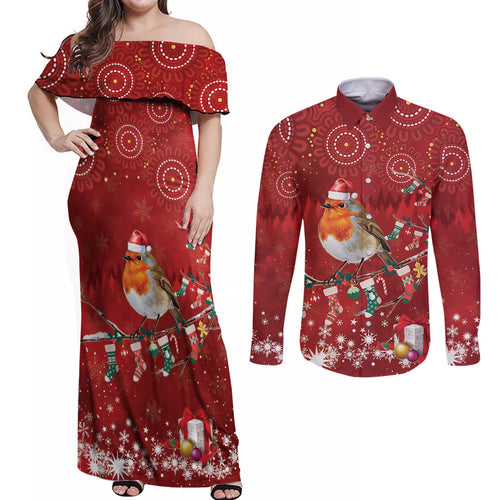 Australia Red - capped Robin Christmas In July Couples Matching Off Shoulder Maxi Dress and Long Sleeve Button Shirt Aussie Passerine Bird Merry Xmas