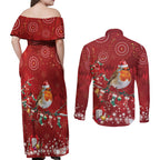 Australia Red - capped Robin Christmas In July Couples Matching Off Shoulder Maxi Dress and Long Sleeve Button Shirt Aussie Passerine Bird Merry Xmas