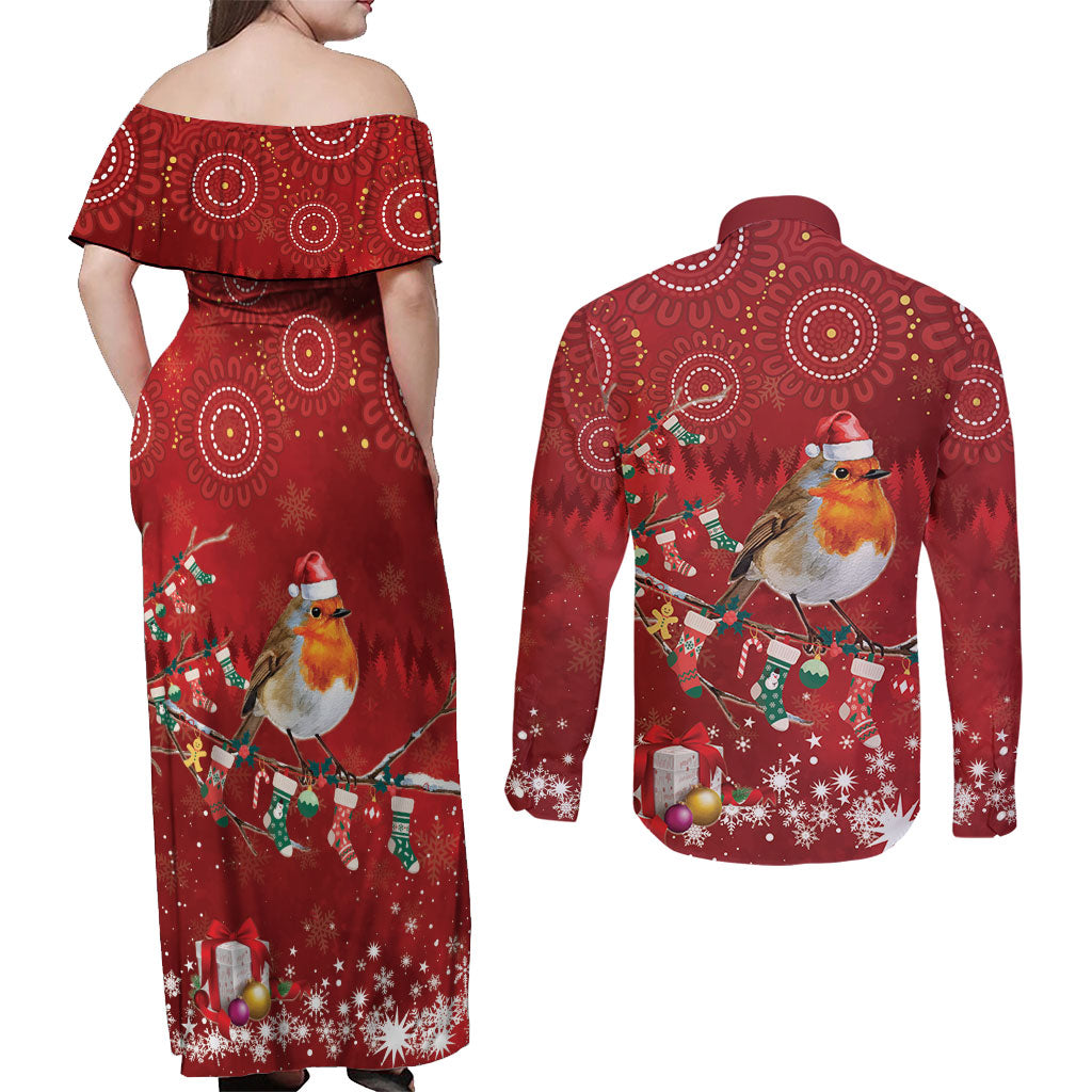 Australia Red - capped Robin Christmas In July Couples Matching Off Shoulder Maxi Dress and Long Sleeve Button Shirt Aussie Passerine Bird Merry Xmas