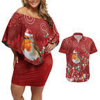 Australia Red - capped Robin Christmas In July Couples Matching Off Shoulder Short Dress and Hawaiian Shirt Aussie Passerine Bird Merry Xmas