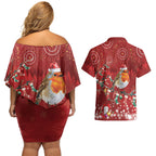 Australia Red - capped Robin Christmas In July Couples Matching Off Shoulder Short Dress and Hawaiian Shirt Aussie Passerine Bird Merry Xmas