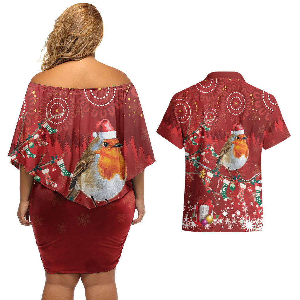 Australia Red - capped Robin Christmas In July Couples Matching Off Shoulder Short Dress and Hawaiian Shirt Aussie Passerine Bird Merry Xmas