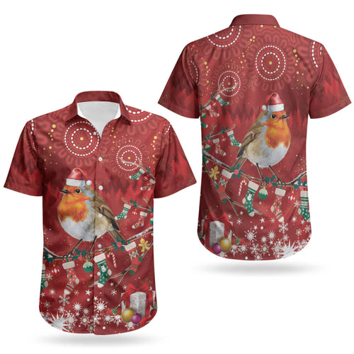 Australia Red - capped Robin Christmas In July Couples Matching Off Shoulder Short Dress and Hawaiian Shirt Aussie Passerine Bird Merry Xmas LT22