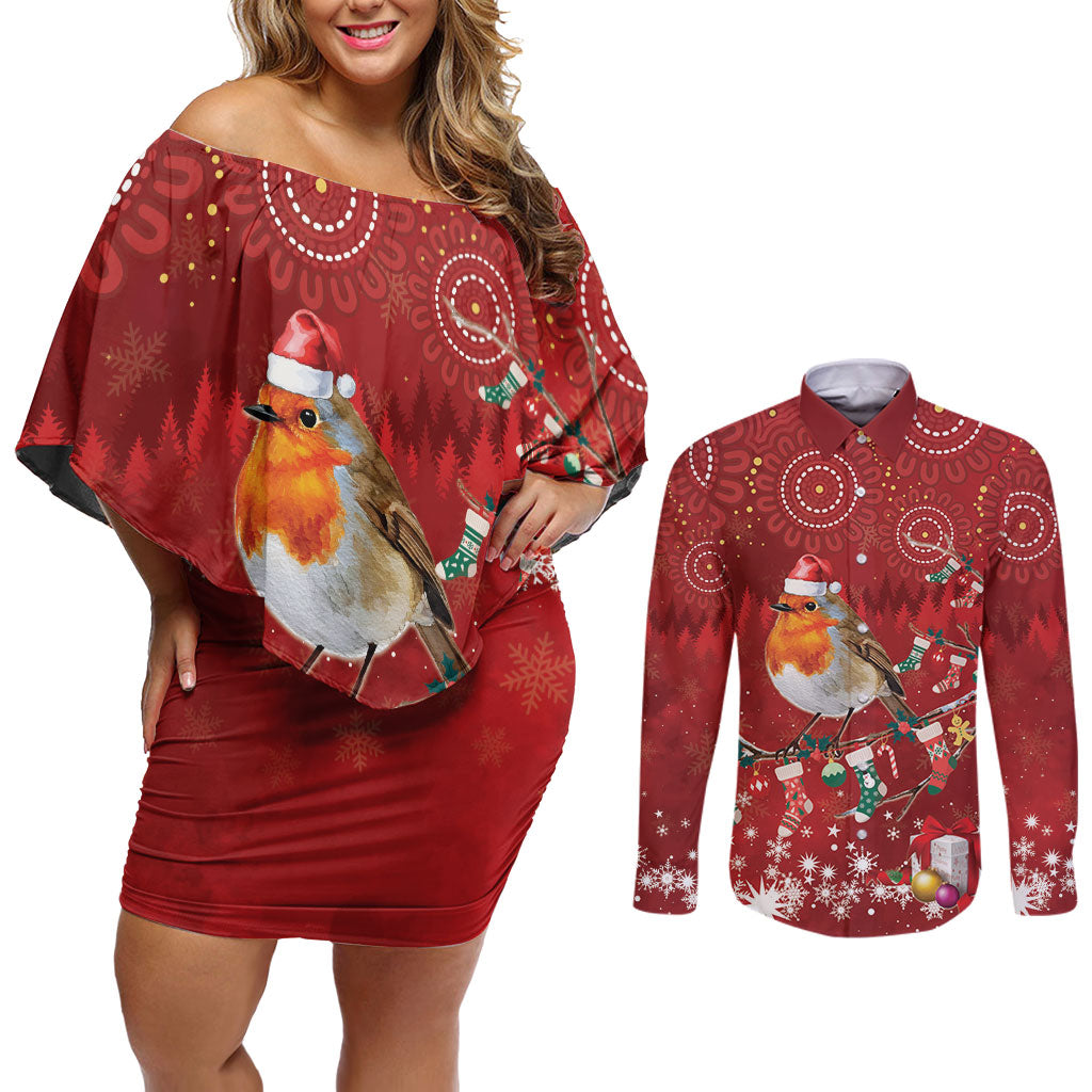 Australia Red - capped Robin Christmas In July Couples Matching Off Shoulder Short Dress and Long Sleeve Button Shirt Aussie Passerine Bird Merry Xmas