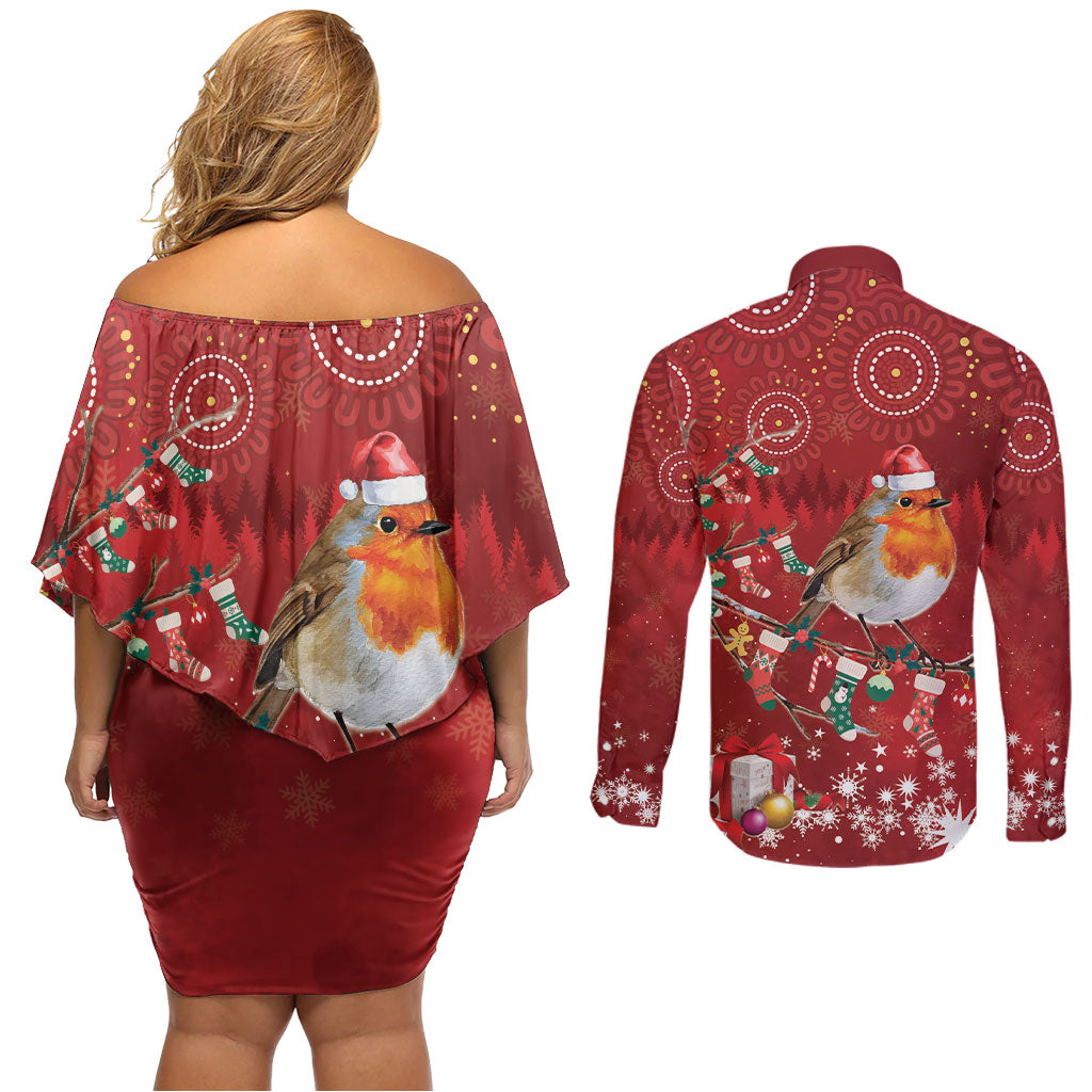 Australia Red - capped Robin Christmas In July Couples Matching Off Shoulder Short Dress and Long Sleeve Button Shirt Aussie Passerine Bird Merry Xmas