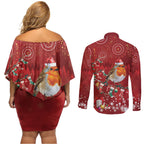 Australia Red - capped Robin Christmas In July Couples Matching Off Shoulder Short Dress and Long Sleeve Button Shirt Aussie Passerine Bird Merry Xmas