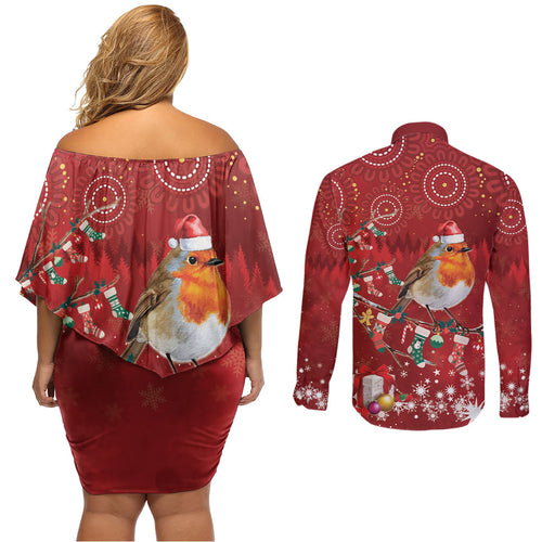 Australia Red - capped Robin Christmas In July Couples Matching Off Shoulder Short Dress and Long Sleeve Button Shirt Aussie Passerine Bird Merry Xmas