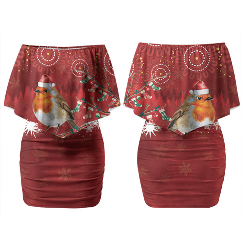 Australia Red - capped Robin Christmas In July Couples Matching Off Shoulder Short Dress and Long Sleeve Button Shirt Aussie Passerine Bird Merry Xmas LT22