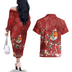 Australia Red - capped Robin Christmas In July Couples Matching Off The Shoulder Long Sleeve Dress and Hawaiian Shirt Aussie Passerine Bird Merry Xmas