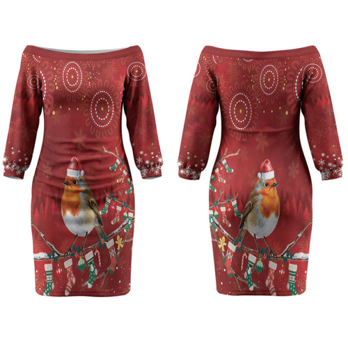 Australia Red - capped Robin Christmas In July Couples Matching Off The Shoulder Long Sleeve Dress and Hawaiian Shirt Aussie Passerine Bird Merry Xmas LT22