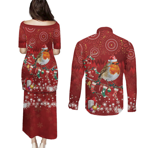 Australia Red - capped Robin Christmas In July Couples Matching Puletasi and Long Sleeve Button Shirt Aussie Passerine Bird Merry Xmas