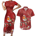 Australia Red - capped Robin Christmas In July Couples Matching Short Sleeve Bodycon Dress and Hawaiian Shirt Aussie Passerine Bird Merry Xmas