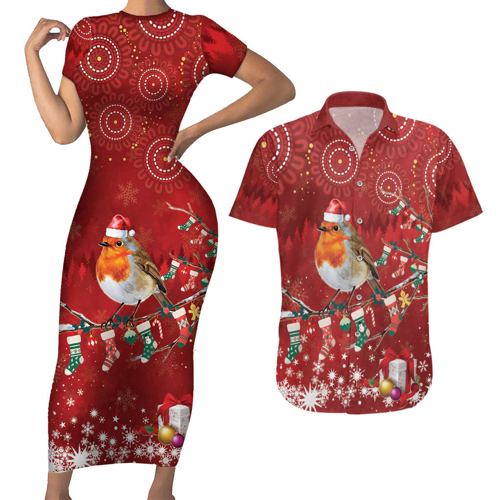 Australia Red - capped Robin Christmas In July Couples Matching Short Sleeve Bodycon Dress and Hawaiian Shirt Aussie Passerine Bird Merry Xmas