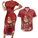 Australia Red - capped Robin Christmas In July Couples Matching Short Sleeve Bodycon Dress and Hawaiian Shirt Aussie Passerine Bird Merry Xmas