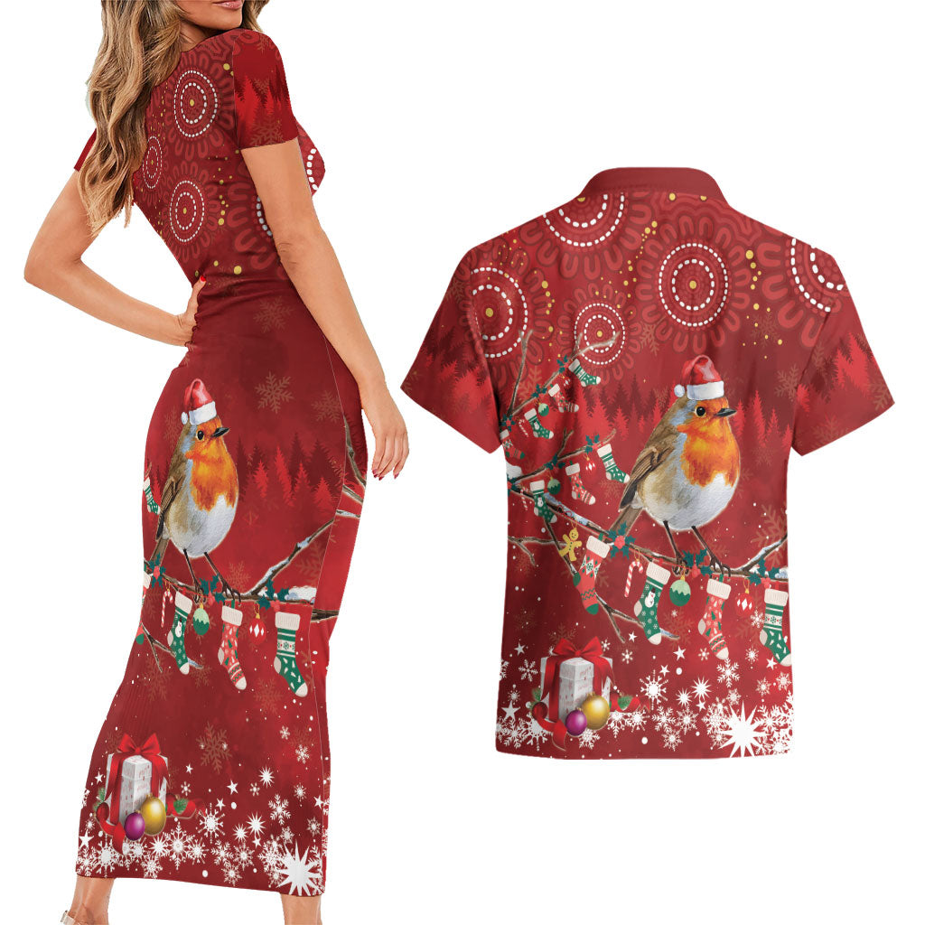 Australia Red - capped Robin Christmas In July Couples Matching Short Sleeve Bodycon Dress and Hawaiian Shirt Aussie Passerine Bird Merry Xmas