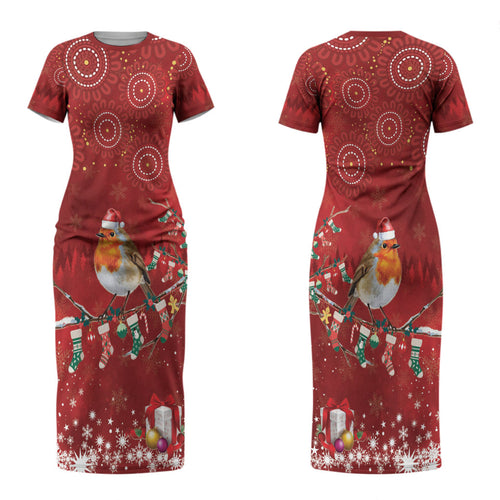 Australia Red - capped Robin Christmas In July Couples Matching Short Sleeve Bodycon Dress and Hawaiian Shirt Aussie Passerine Bird Merry Xmas LT22
