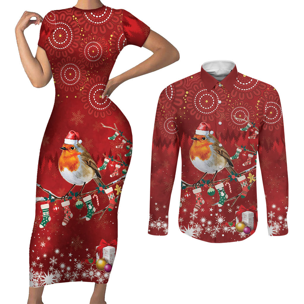 Australia Red - capped Robin Christmas In July Couples Matching Short Sleeve Bodycon Dress and Long Sleeve Button Shirt Aussie Passerine Bird Merry Xmas
