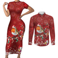 Australia Red - capped Robin Christmas In July Couples Matching Short Sleeve Bodycon Dress and Long Sleeve Button Shirt Aussie Passerine Bird Merry Xmas