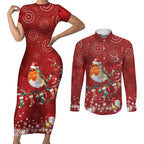 Australia Red - capped Robin Christmas In July Couples Matching Short Sleeve Bodycon Dress and Long Sleeve Button Shirt Aussie Passerine Bird Merry Xmas