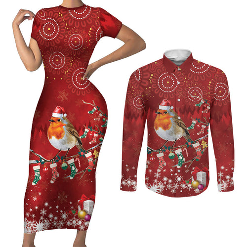 Australia Red - capped Robin Christmas In July Couples Matching Short Sleeve Bodycon Dress and Long Sleeve Button Shirt Aussie Passerine Bird Merry Xmas