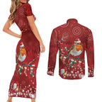 Australia Red - capped Robin Christmas In July Couples Matching Short Sleeve Bodycon Dress and Long Sleeve Button Shirt Aussie Passerine Bird Merry Xmas