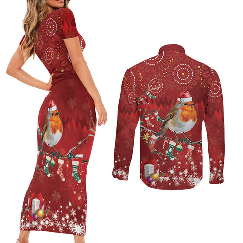 Australia Red - capped Robin Christmas In July Couples Matching Short Sleeve Bodycon Dress and Long Sleeve Button Shirt Aussie Passerine Bird Merry Xmas