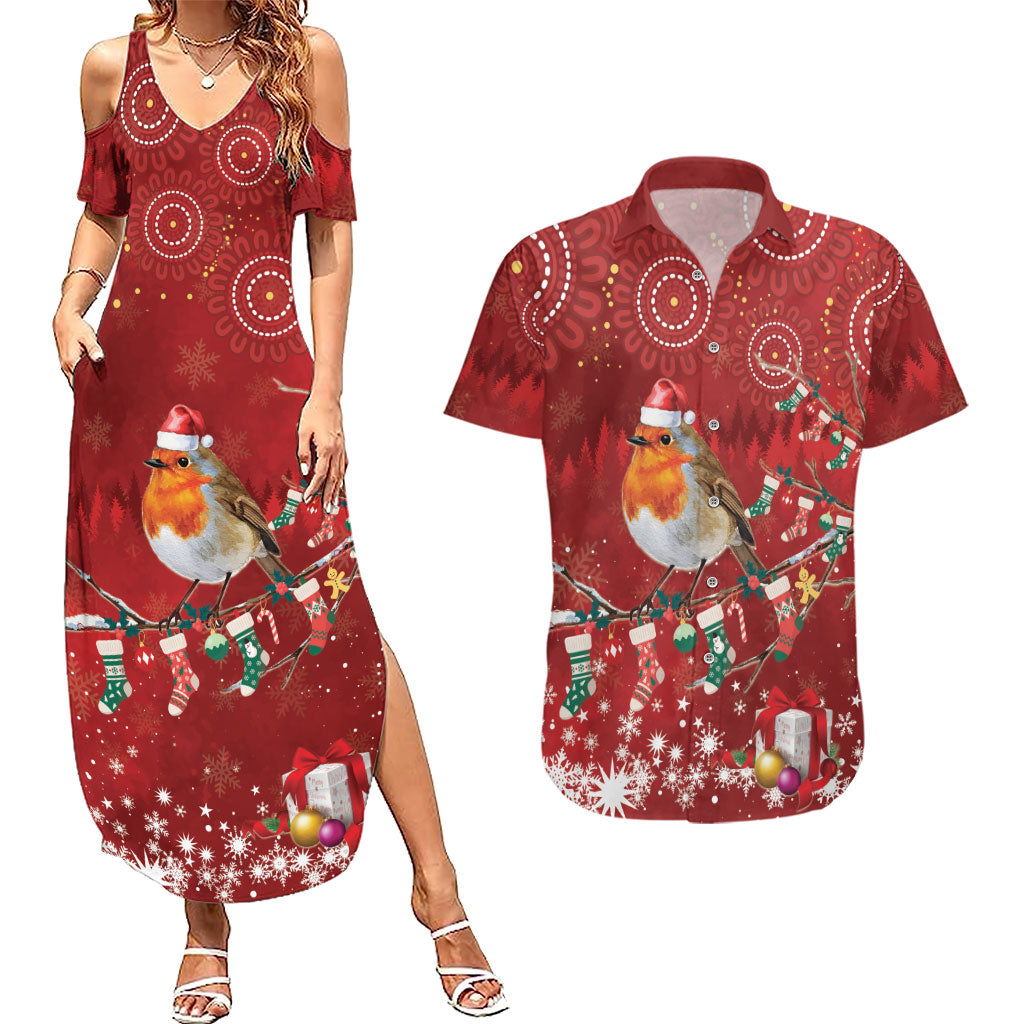 Australia Red - capped Robin Christmas In July Couples Matching Summer Maxi Dress and Hawaiian Shirt Aussie Passerine Bird Merry Xmas