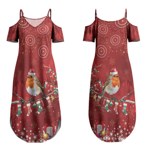 Australia Red - capped Robin Christmas In July Couples Matching Summer Maxi Dress and Hawaiian Shirt Aussie Passerine Bird Merry Xmas LT22