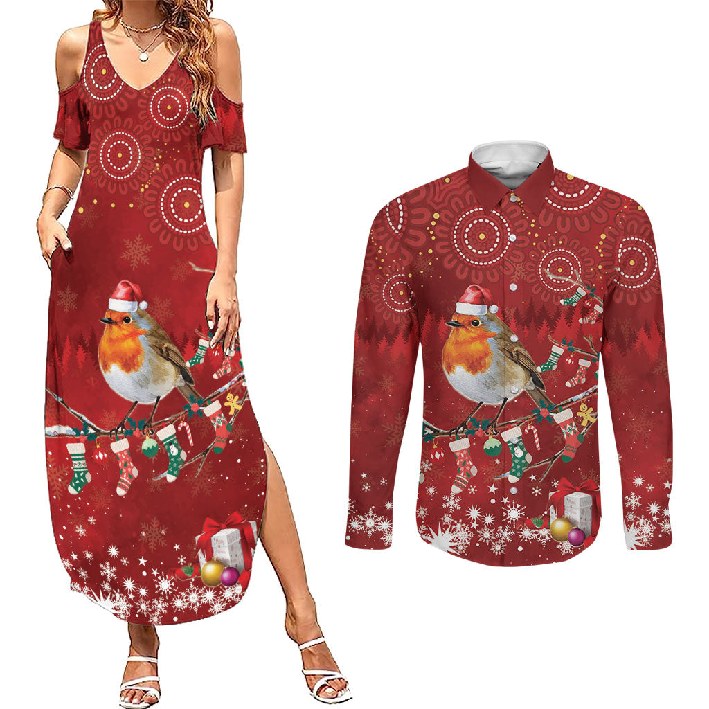 Australia Red - capped Robin Christmas In July Couples Matching Summer Maxi Dress and Long Sleeve Button Shirt Aussie Passerine Bird Merry Xmas