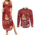Australia Red - capped Robin Christmas In July Couples Matching Summer Maxi Dress and Long Sleeve Button Shirt Aussie Passerine Bird Merry Xmas