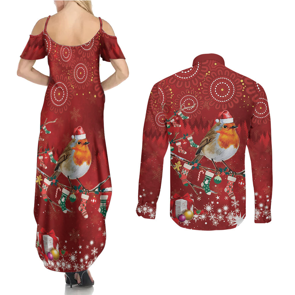 Australia Red - capped Robin Christmas In July Couples Matching Summer Maxi Dress and Long Sleeve Button Shirt Aussie Passerine Bird Merry Xmas