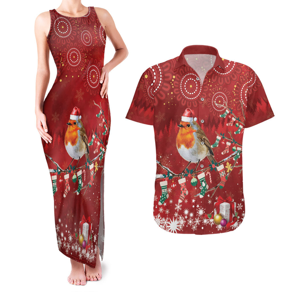 Australia Red - capped Robin Christmas In July Couples Matching Tank Maxi Dress and Hawaiian Shirt Aussie Passerine Bird Merry Xmas