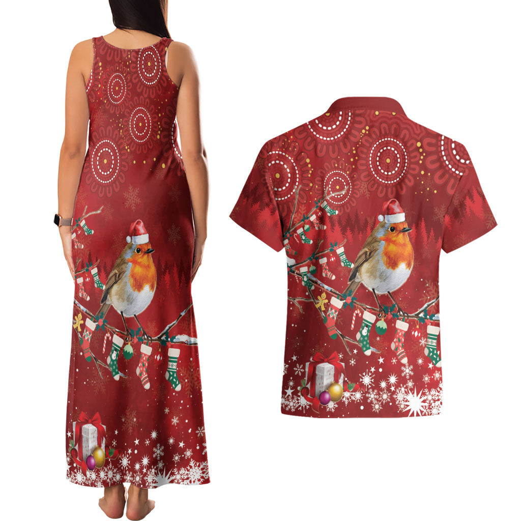 Australia Red - capped Robin Christmas In July Couples Matching Tank Maxi Dress and Hawaiian Shirt Aussie Passerine Bird Merry Xmas