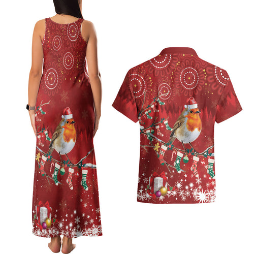 Australia Red - capped Robin Christmas In July Couples Matching Tank Maxi Dress and Hawaiian Shirt Aussie Passerine Bird Merry Xmas