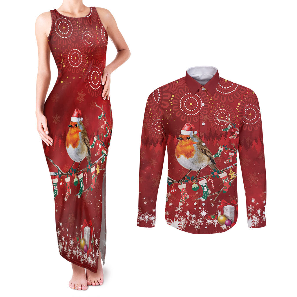 Australia Red - capped Robin Christmas In July Couples Matching Tank Maxi Dress and Long Sleeve Button Shirt Aussie Passerine Bird Merry Xmas