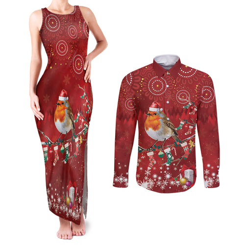 Australia Red - capped Robin Christmas In July Couples Matching Tank Maxi Dress and Long Sleeve Button Shirt Aussie Passerine Bird Merry Xmas