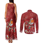 Australia Red - capped Robin Christmas In July Couples Matching Tank Maxi Dress and Long Sleeve Button Shirt Aussie Passerine Bird Merry Xmas