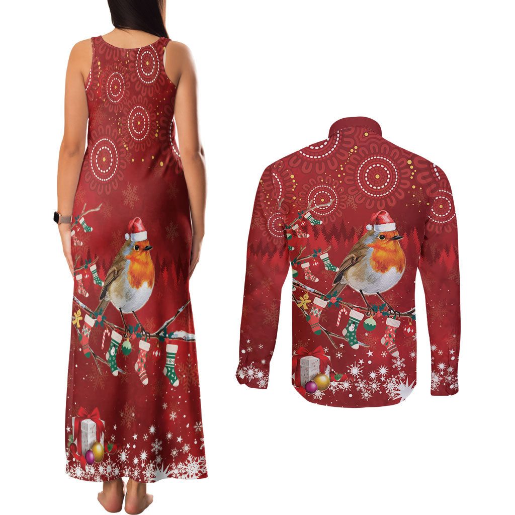 Australia Red - capped Robin Christmas In July Couples Matching Tank Maxi Dress and Long Sleeve Button Shirt Aussie Passerine Bird Merry Xmas