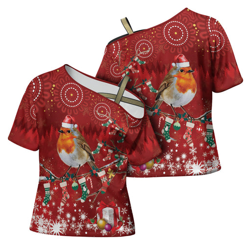 Australia Red - capped Robin Christmas In July Cross Shoulder Shirt Aussie Passerine Bird Merry Xmas