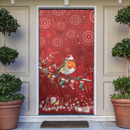 Australia Red - capped Robin Christmas In July Door Cover Aussie Passerine Bird Merry Xmas