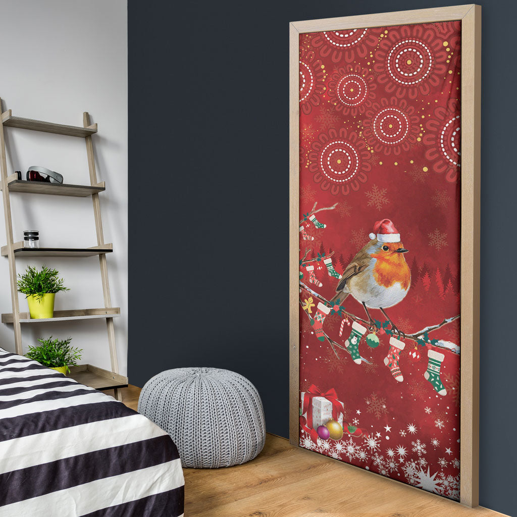 Australia Red - capped Robin Christmas In July Door Cover Aussie Passerine Bird Merry Xmas