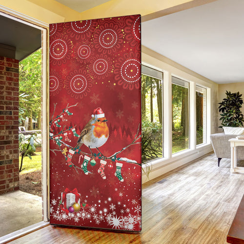 Australia Red - capped Robin Christmas In July Door Cover Aussie Passerine Bird Merry Xmas