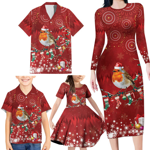 Australia Red - capped Robin Christmas In July Family Matching Long Sleeve Bodycon Dress and Hawaiian Shirt Aussie Passerine Bird Merry Xmas