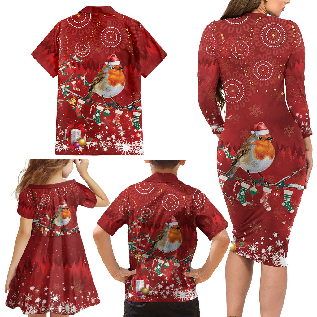 Australia Red - capped Robin Christmas In July Family Matching Long Sleeve Bodycon Dress and Hawaiian Shirt Aussie Passerine Bird Merry Xmas