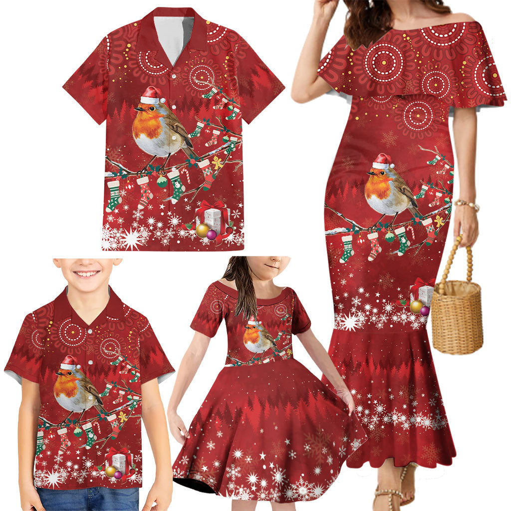 Australia Red - capped Robin Christmas In July Family Matching Mermaid Dress and Hawaiian Shirt Aussie Passerine Bird Merry Xmas
