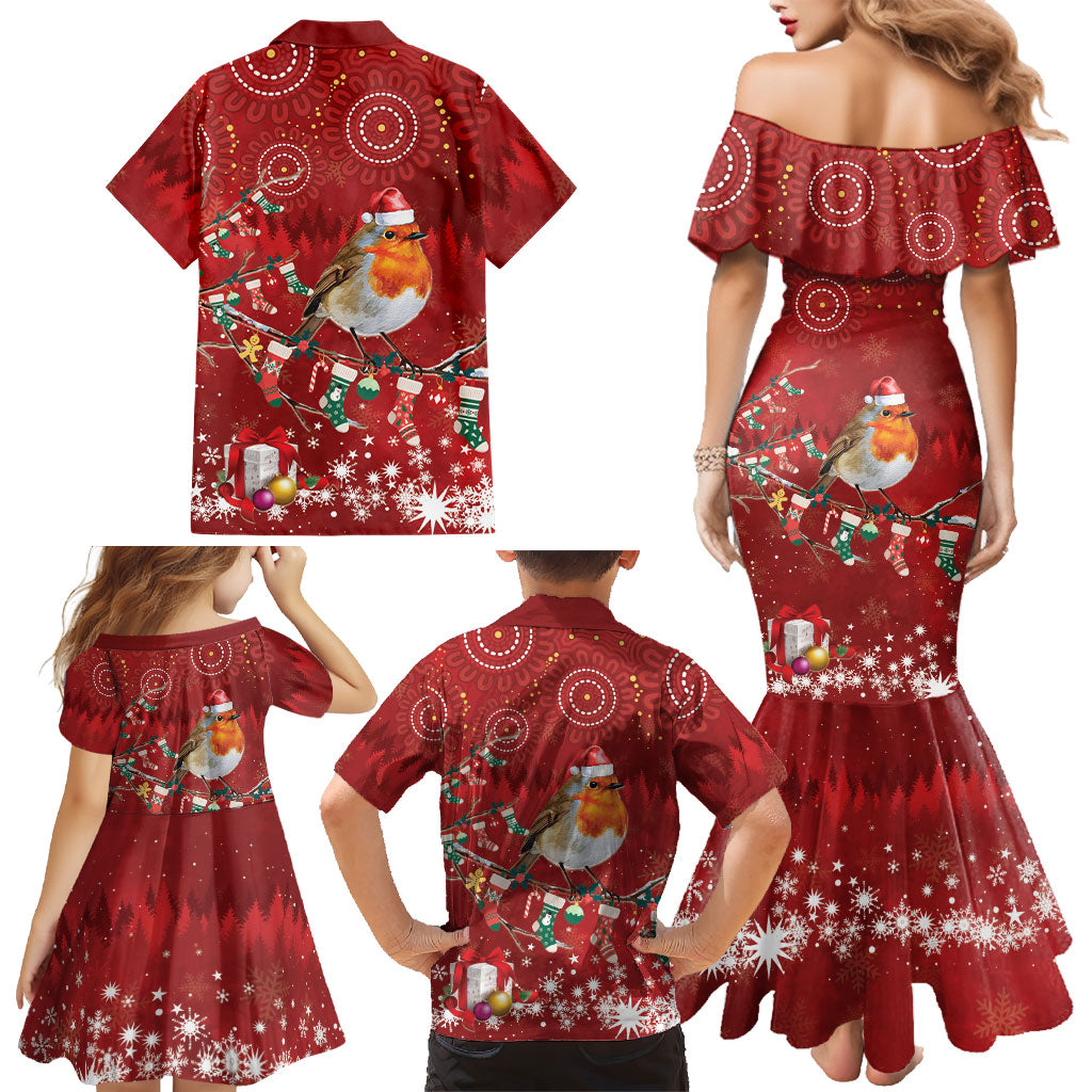 Australia Red - capped Robin Christmas In July Family Matching Mermaid Dress and Hawaiian Shirt Aussie Passerine Bird Merry Xmas