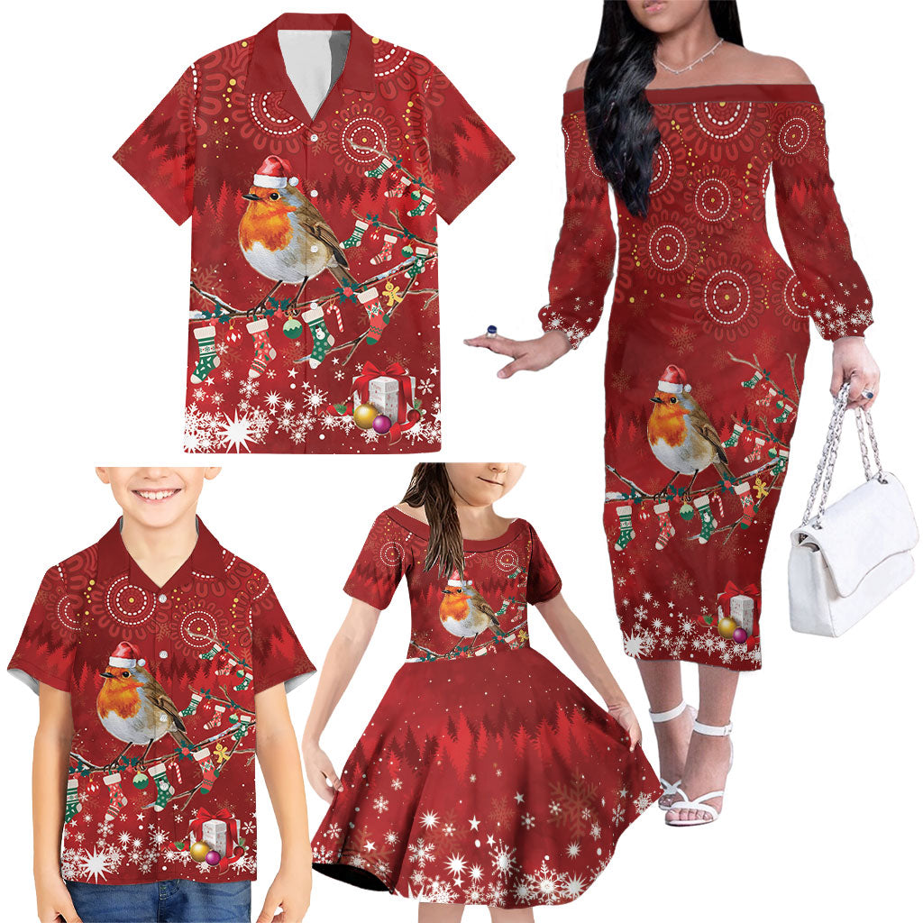 Australia Red - capped Robin Christmas In July Family Matching Off The Shoulder Long Sleeve Dress and Hawaiian Shirt Aussie Passerine Bird Merry Xmas