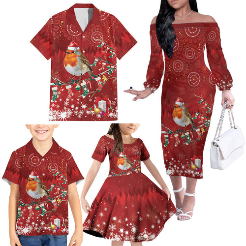 Australia Red - capped Robin Christmas In July Family Matching Off The Shoulder Long Sleeve Dress and Hawaiian Shirt Aussie Passerine Bird Merry Xmas