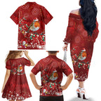 Australia Red - capped Robin Christmas In July Family Matching Off The Shoulder Long Sleeve Dress and Hawaiian Shirt Aussie Passerine Bird Merry Xmas