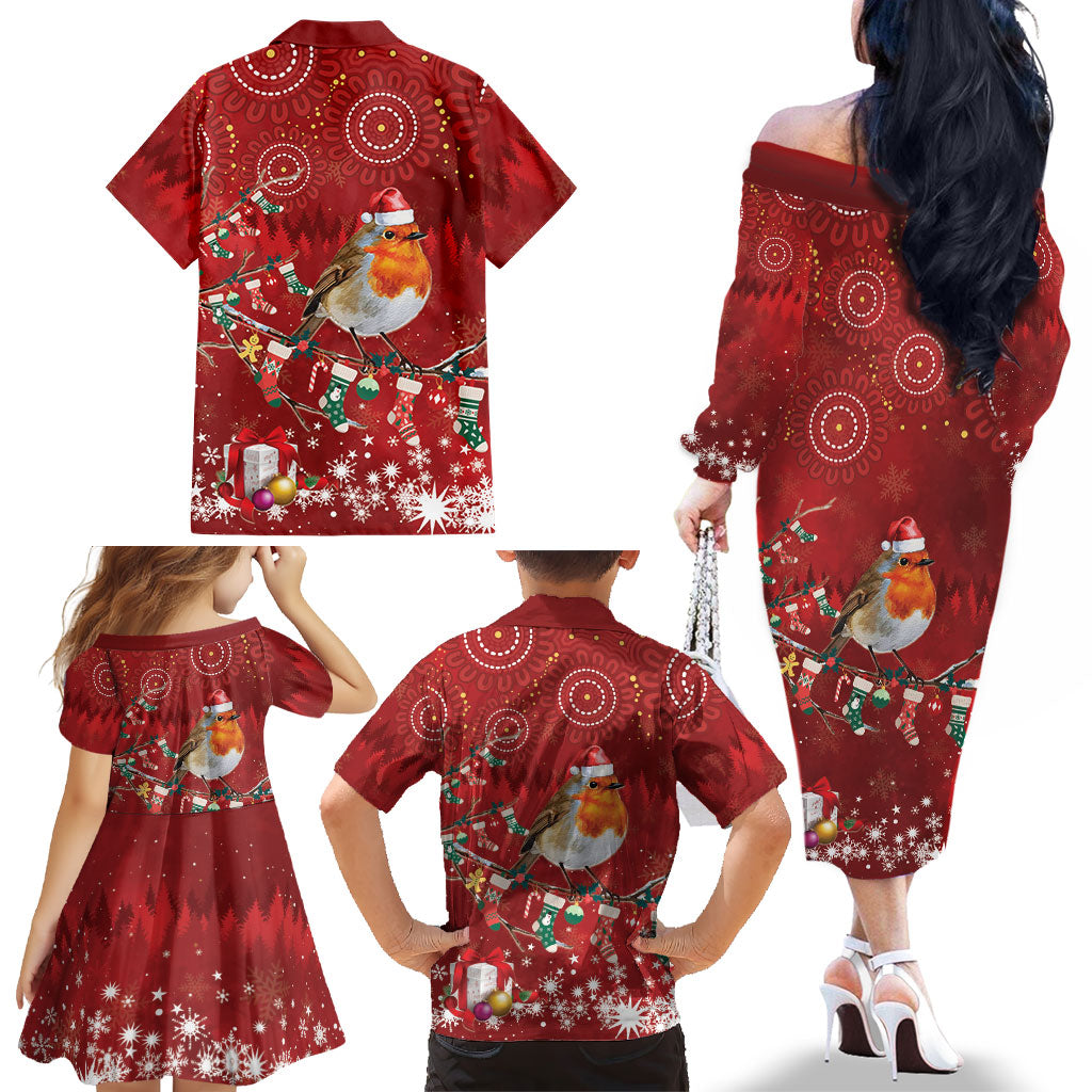 Australia Red - capped Robin Christmas In July Family Matching Off The Shoulder Long Sleeve Dress and Hawaiian Shirt Aussie Passerine Bird Merry Xmas